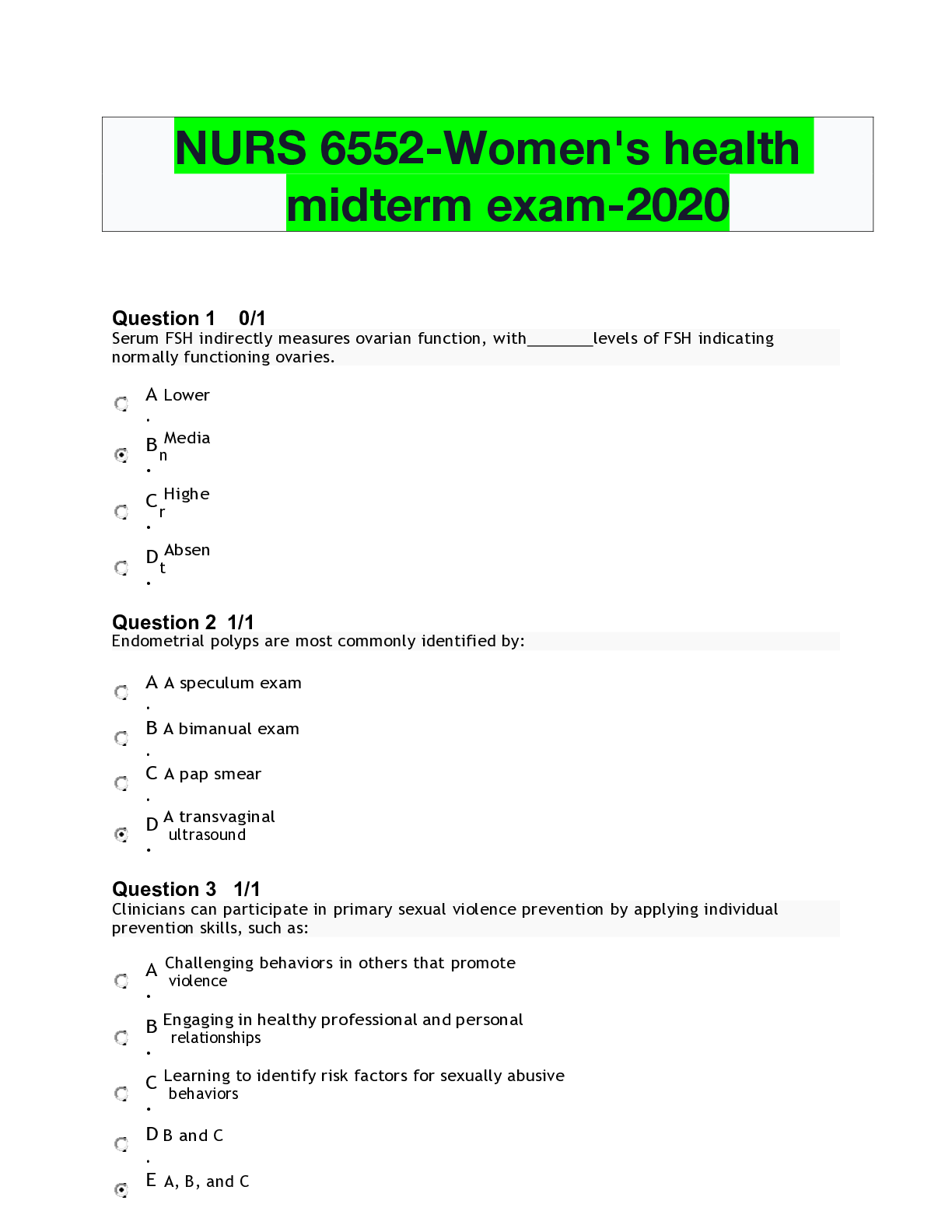Preview of NURS 6552-Women's health midterm exam-2020